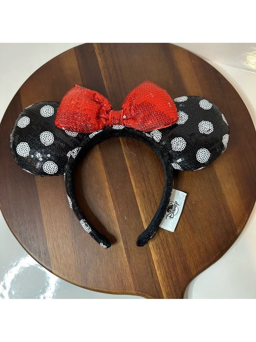 Disney Parks Minnie Mouse Ears Headband Black White Polka Dot Red Sequin Bow